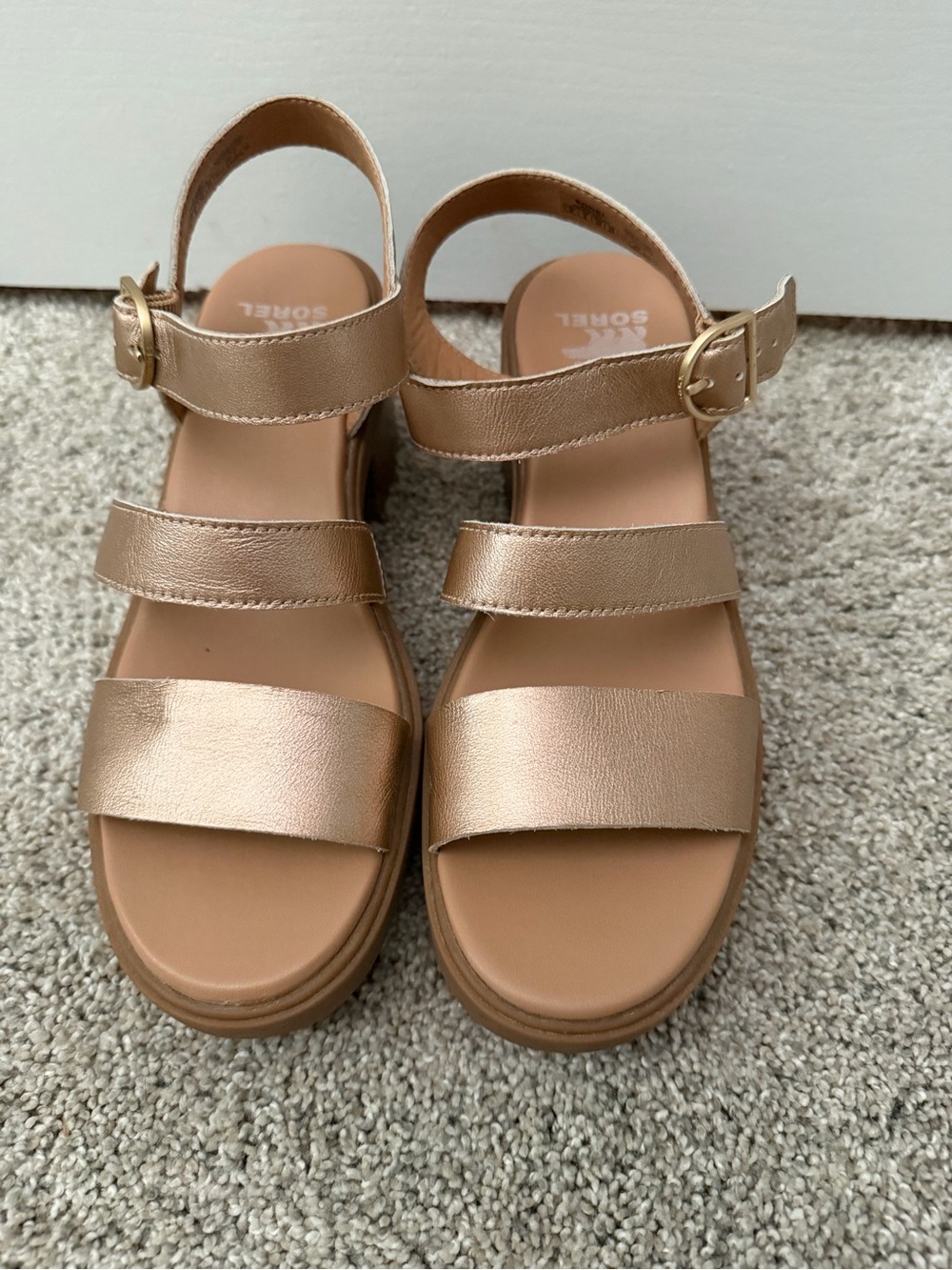 Sorel Metallic Rose Gold Buckle-Strap Sandals